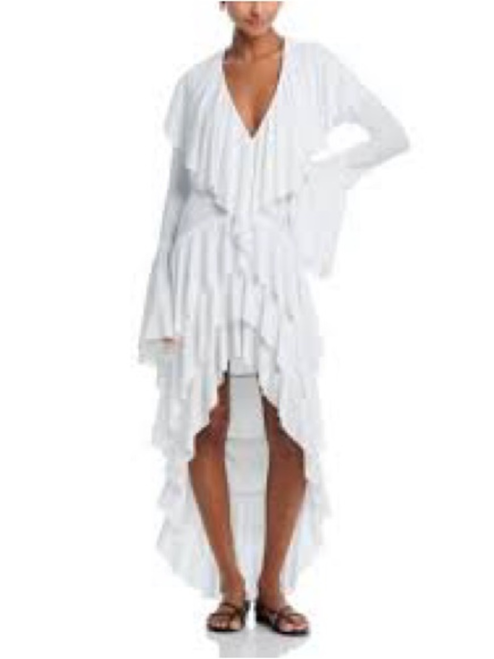 Norma Kamali Hi-low long sleeve deep V Ruffle Gown